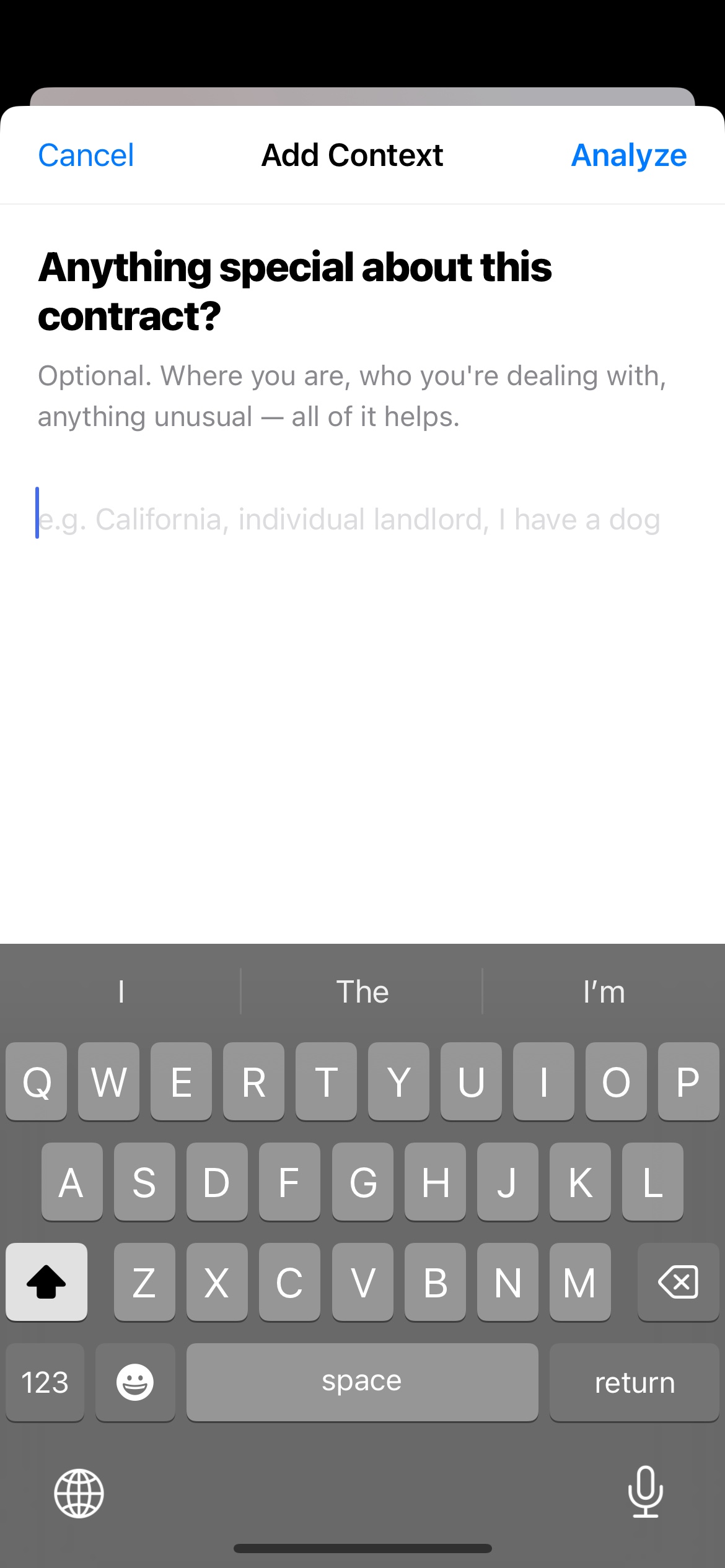 Add Context screen: 'Anything special about this contract?' with placeholder 'e.g. California, individual landlord, I have a dog'