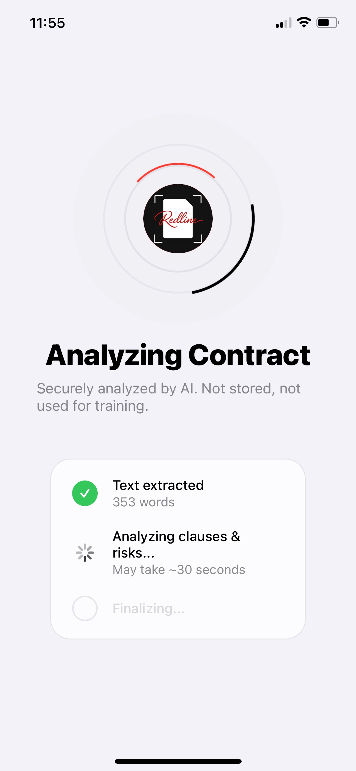 Analyzing Contract: 'Text extracted, 353 words' followed by 'Analyzing clauses & risks'
