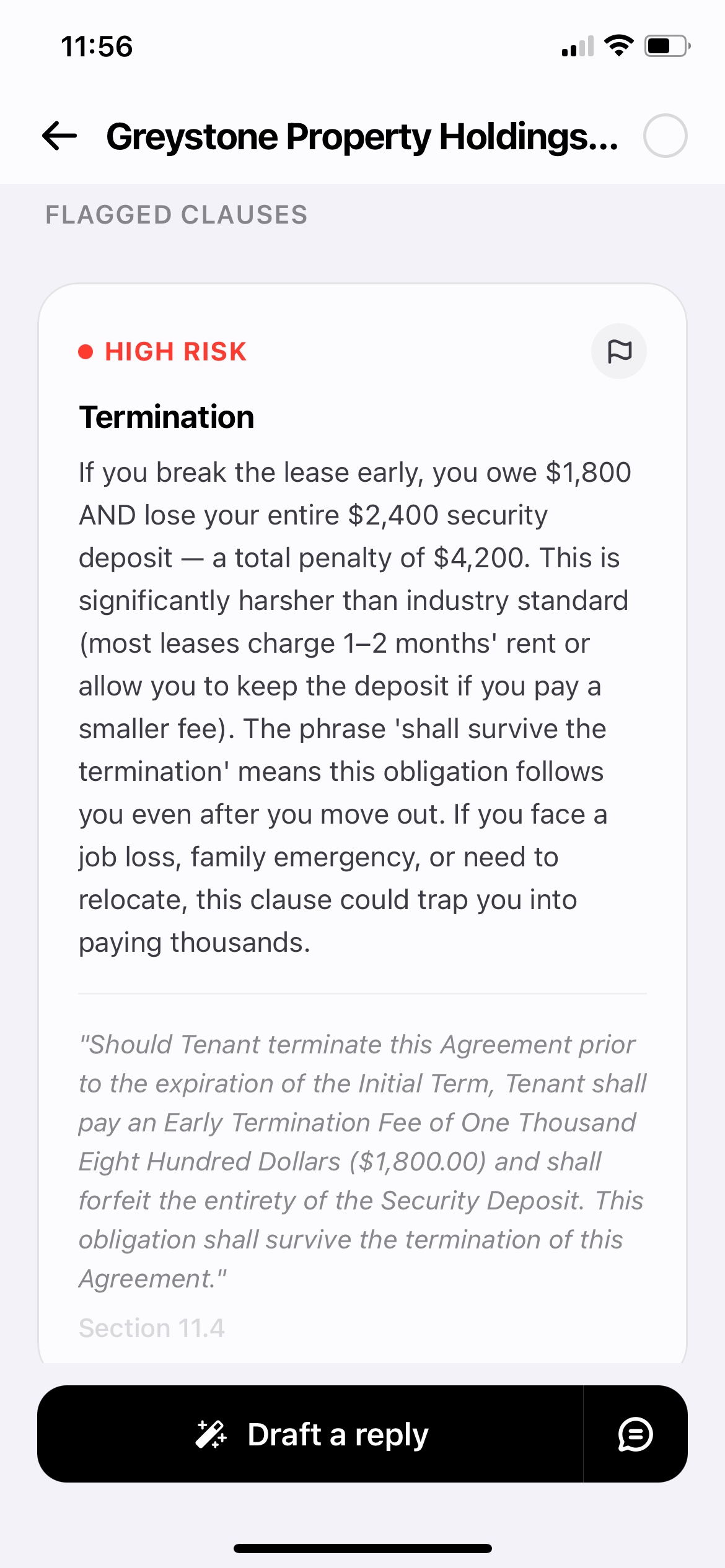 Flagged clause detail: HIGH RISK termination clause with $1,800 fee, plain-English explanation, and original quoted text from Section 11.4
