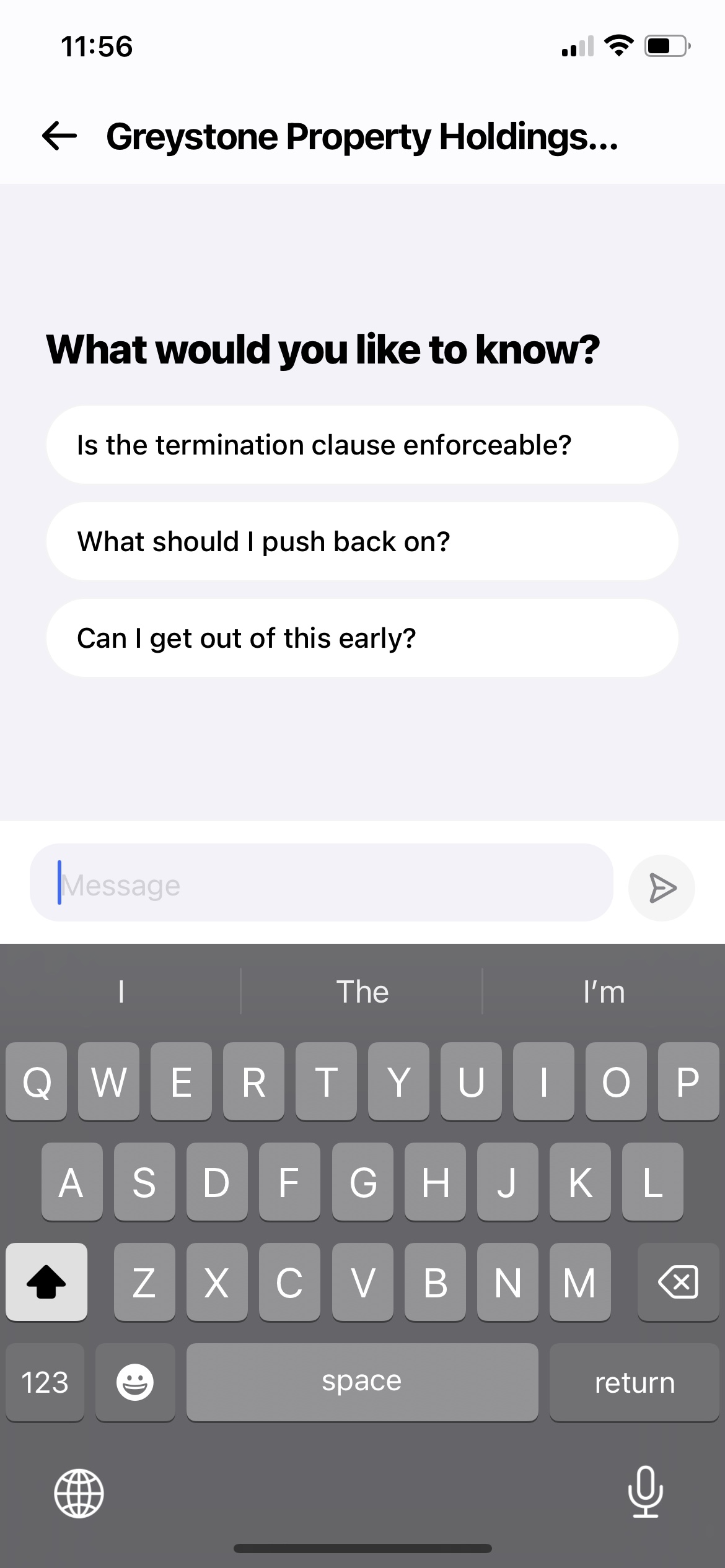 Ask follow-ups screen: suggested questions including 'Is the termination clause enforceable?' and 'What should I push back on?'