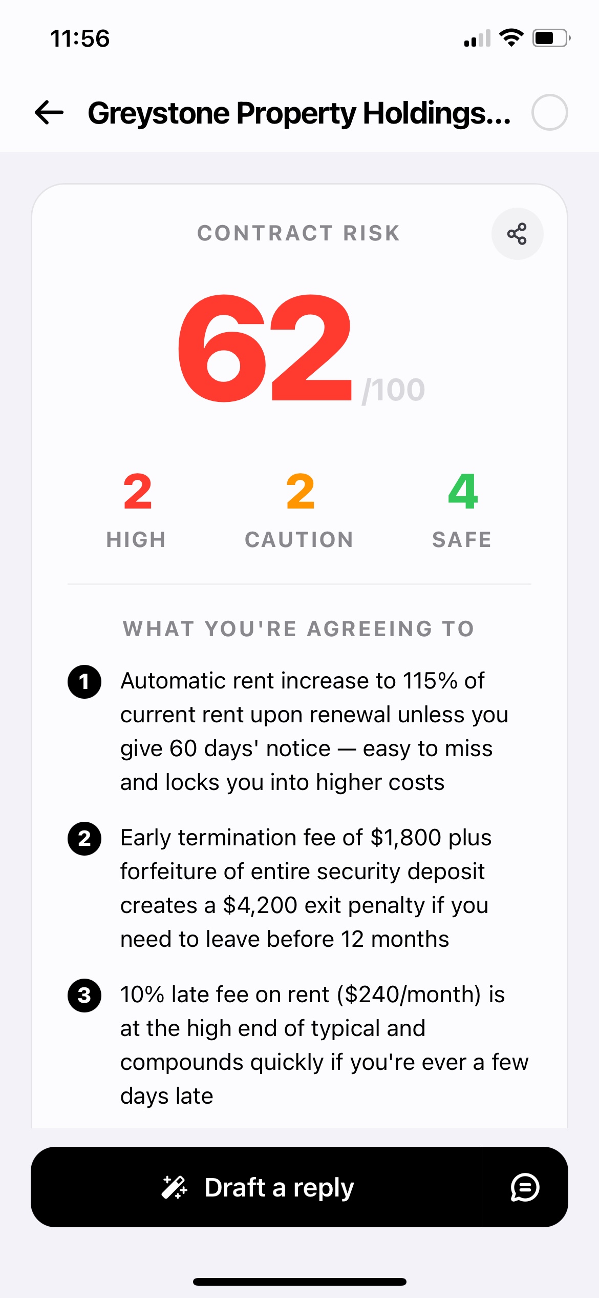 Risk scorecard for Greystone Property Holdings lease: 62 out of 100, with 2 high / 2 caution / 4 safe clauses and a 'What you're agreeing to' summary